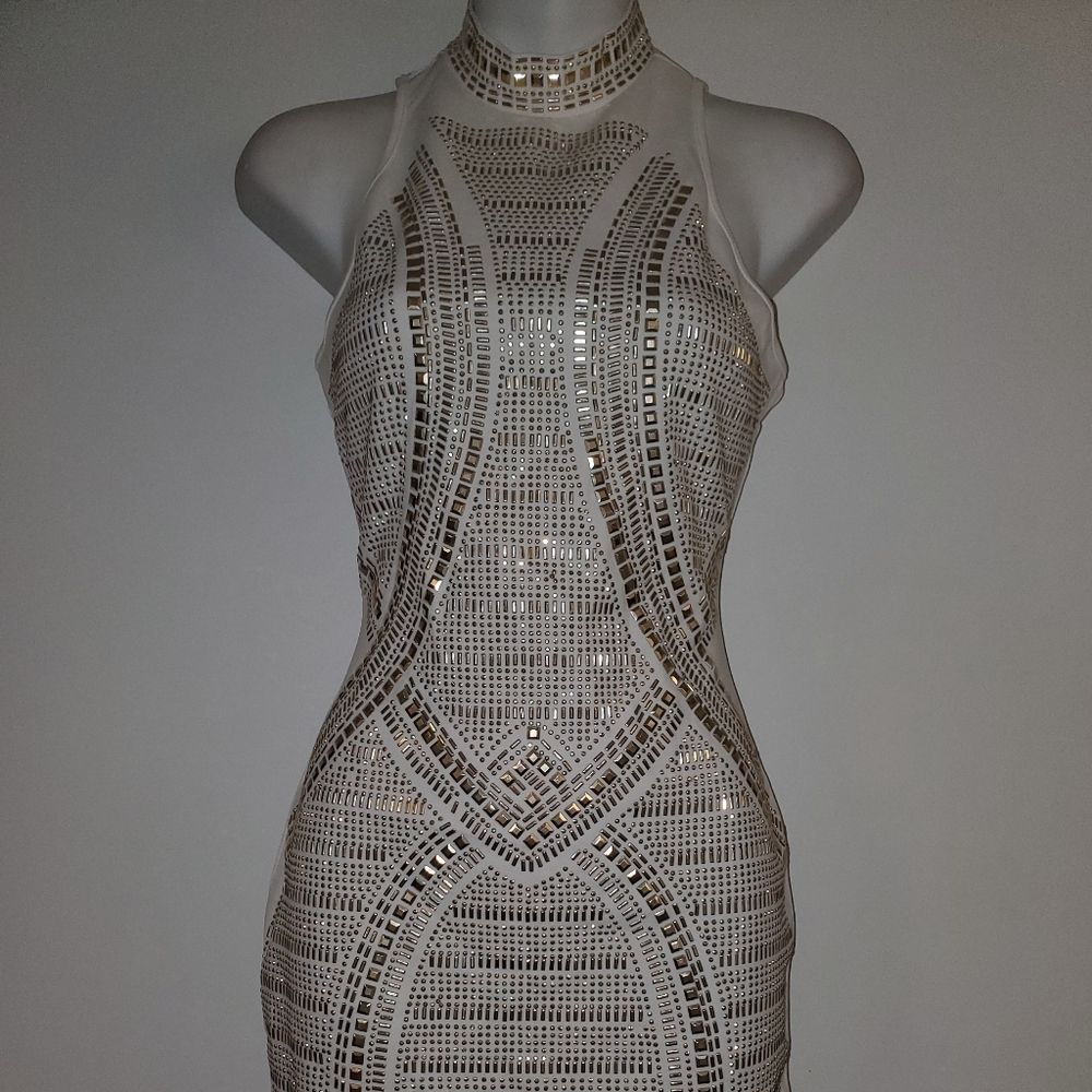 White with gold studded mini dress